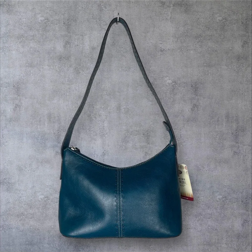 Fossil Vintage Y2K Teal Blue Leather Shoulder Bag Purse Contrast Stitching New
